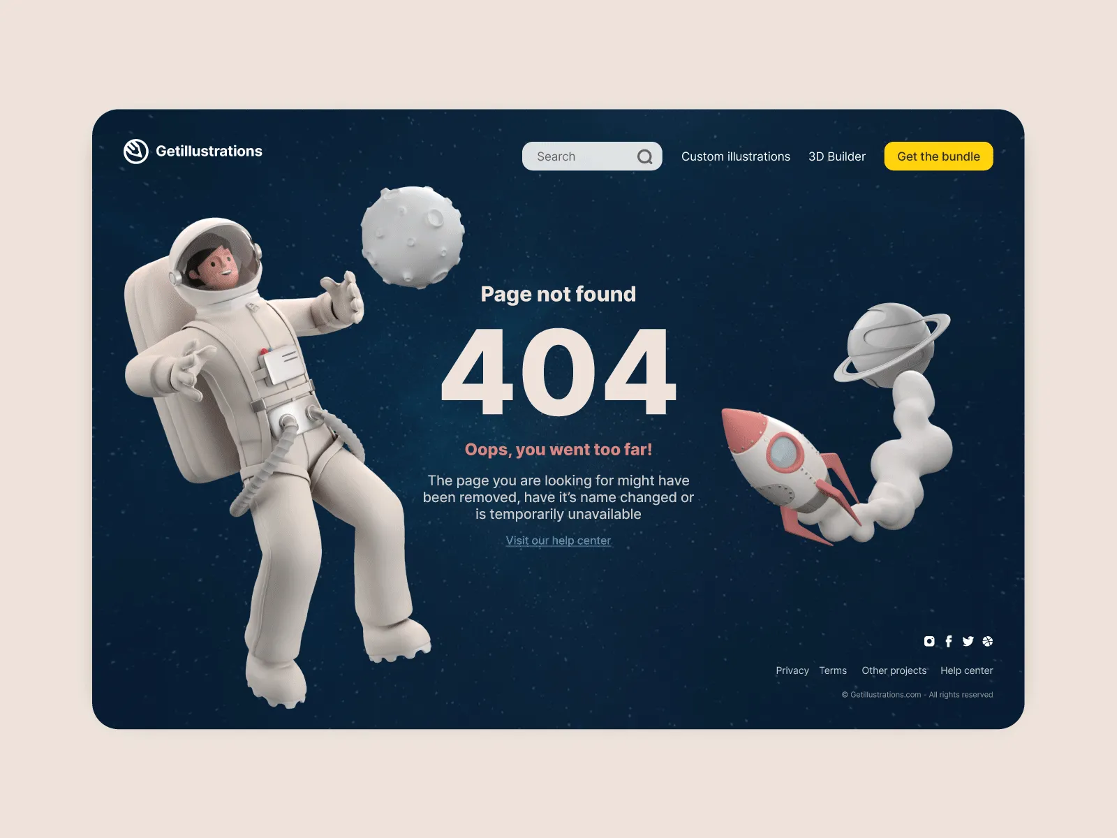Error 404 illustration for landing page - 3D style