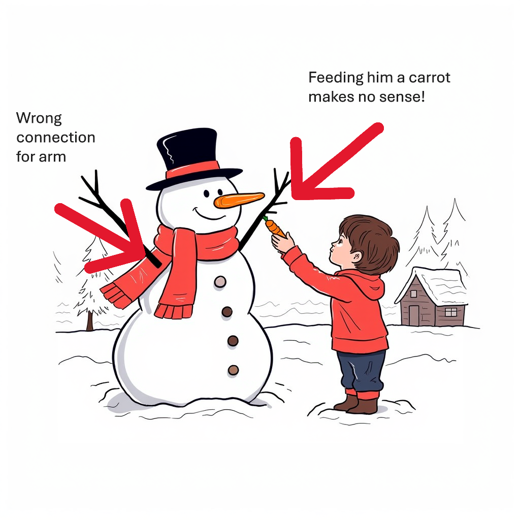Ai didn't understand that the Child is building the snowman, instead it is feeding it a carrot!