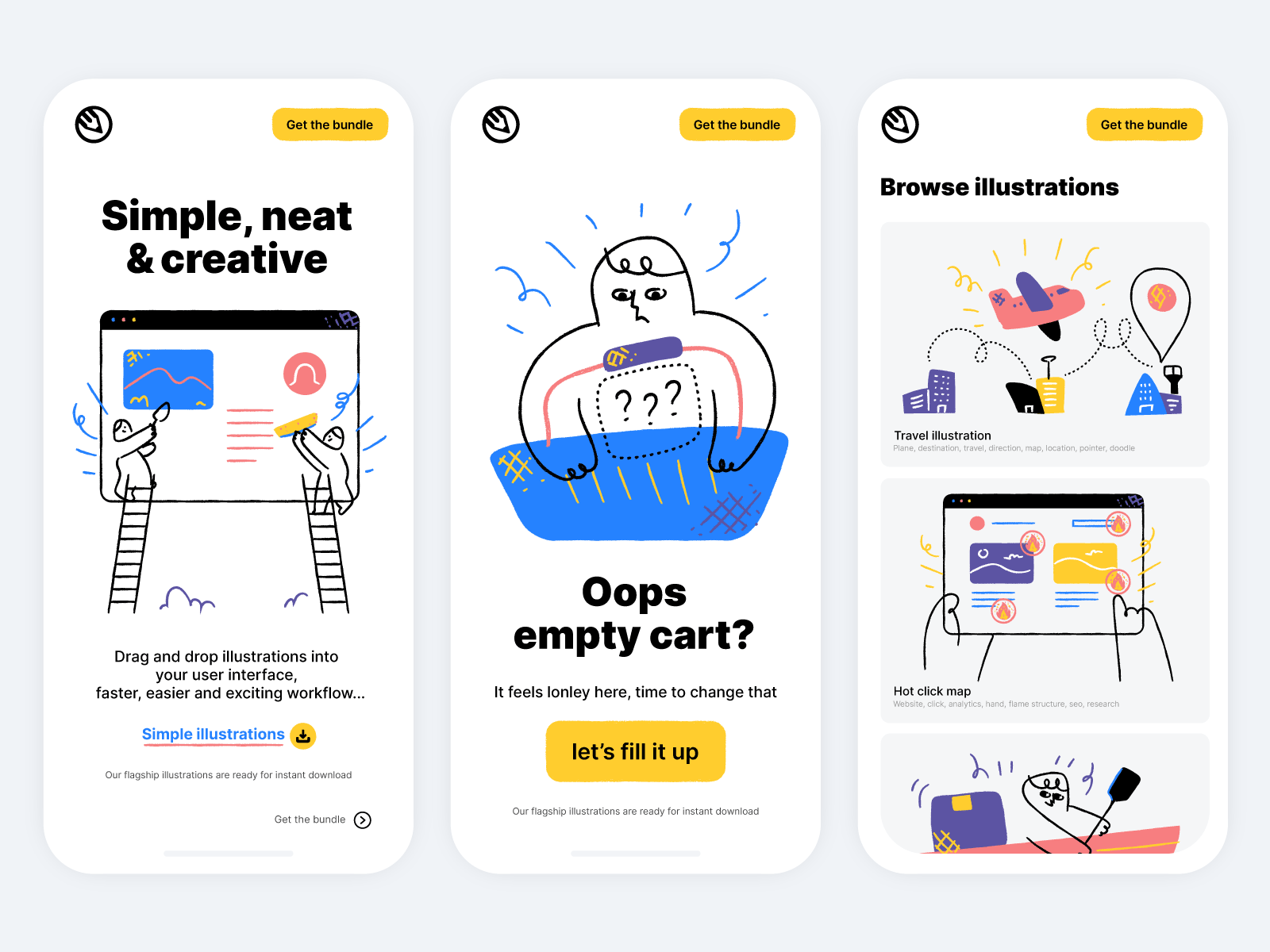 Illustration usage in mobile app empty states and landing pages