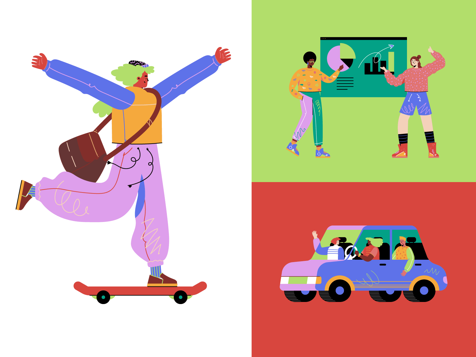 Flat characetr illustrations set against different color backgrounds