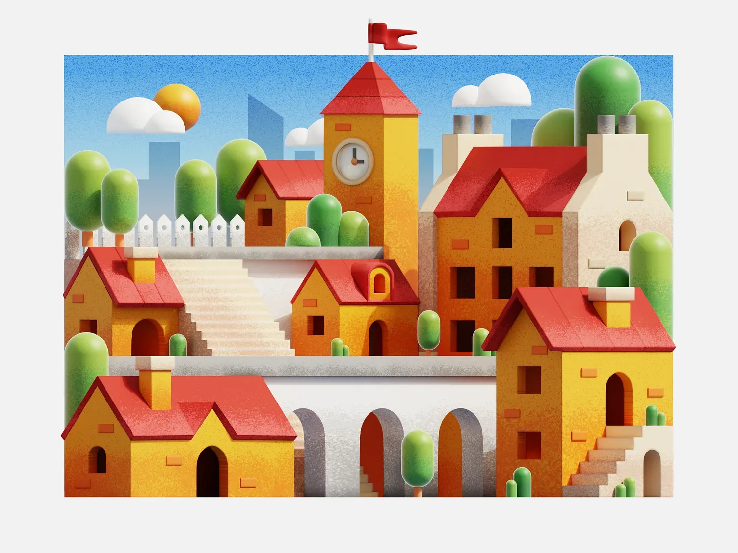 Stylized Hillside Town 3D illustration