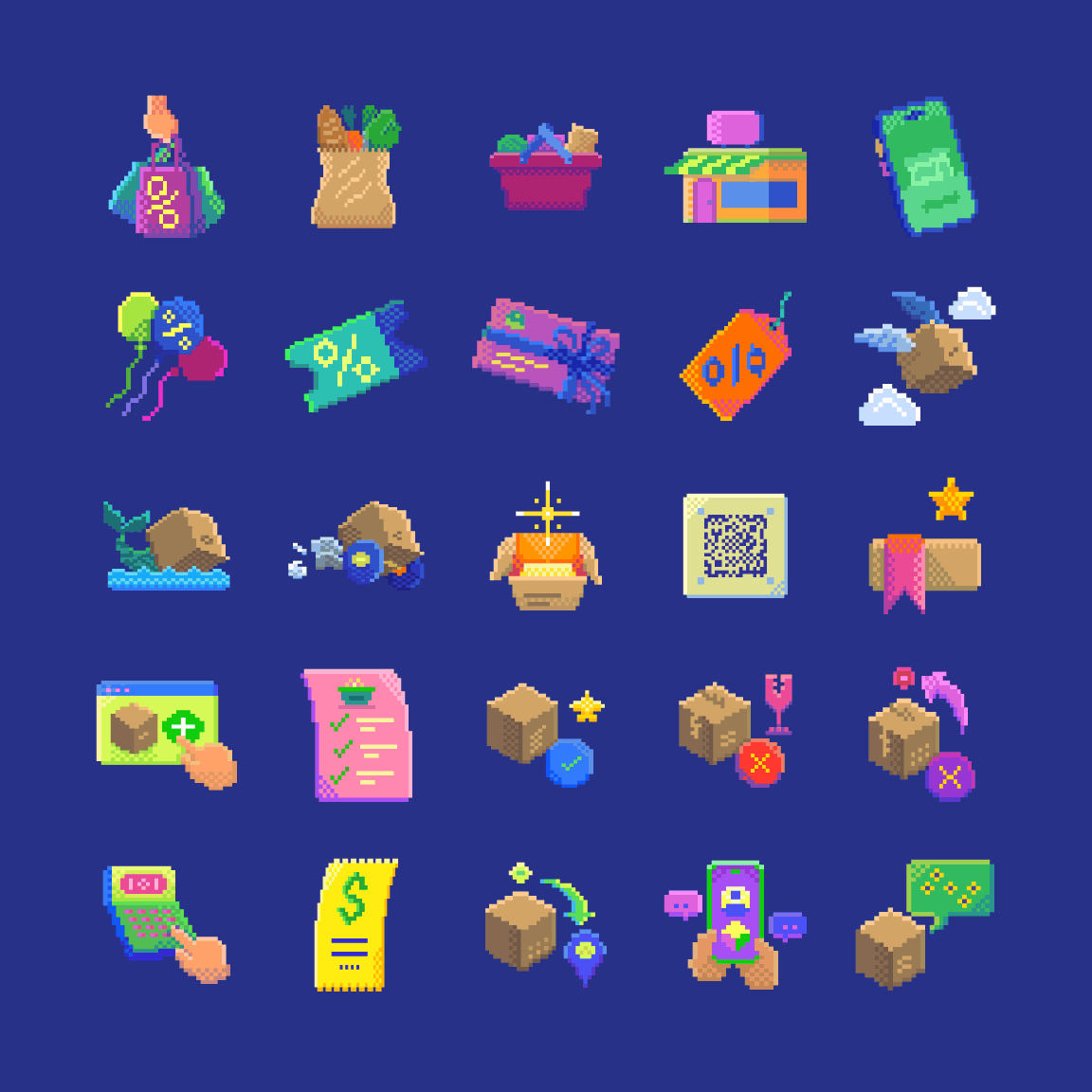 Full set of Pixel Art Icons made on Adobe illustrator