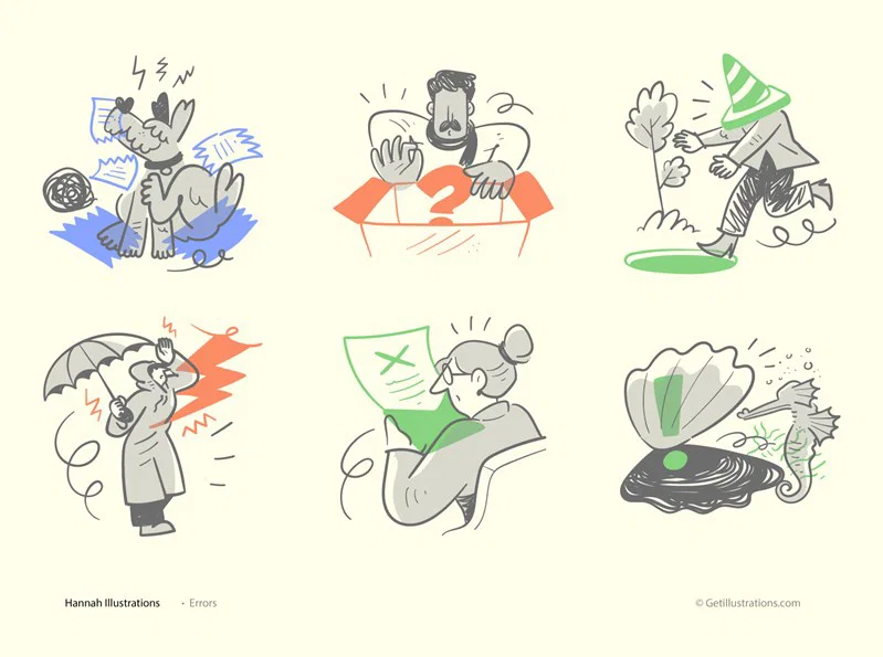 Playful 404 illustrations for error landing pages