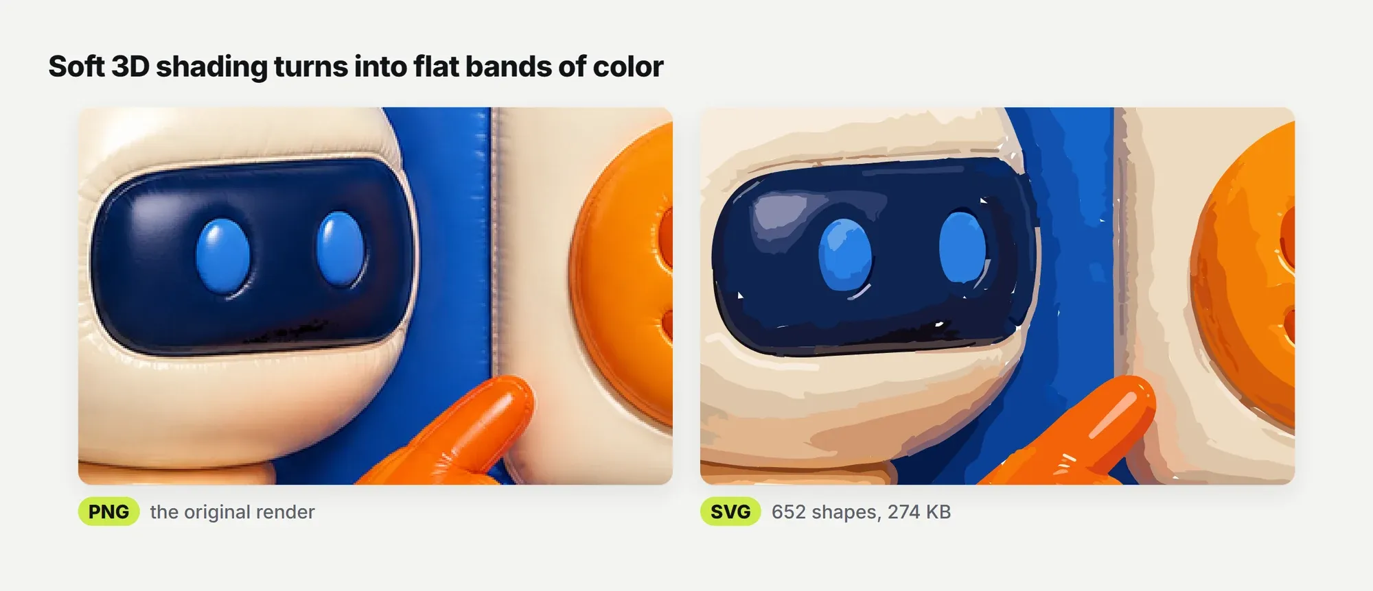 Close up of a soft 3D robot illustration as the original PNG and as a traced SVG where the smooth shading has turned into flat bands of color
