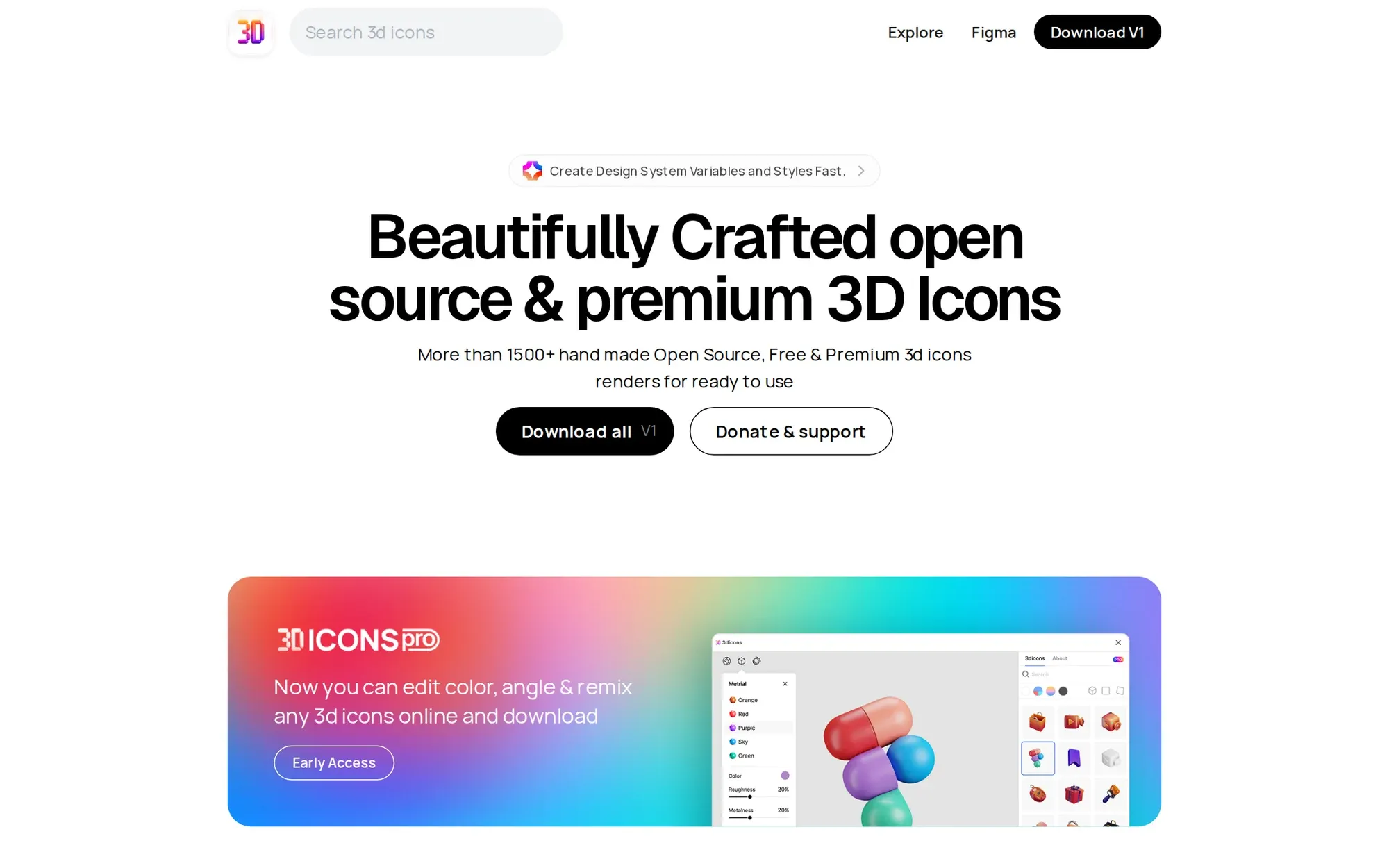 3dicons in October 2026: the open source 3D icons homepage with a colourful 3D editor preview