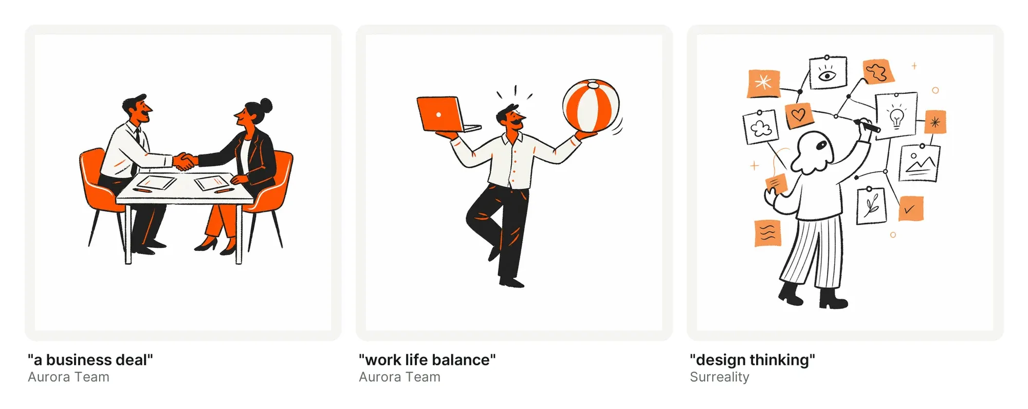 Three illustrations made from short abstract prompts: a business deal shown as two people shaking hands at a table, work life balance shown as a man balancing a laptop in one hand and a beach ball in the other, and design thinking shown as a person surrounded by sketches and sticky notes