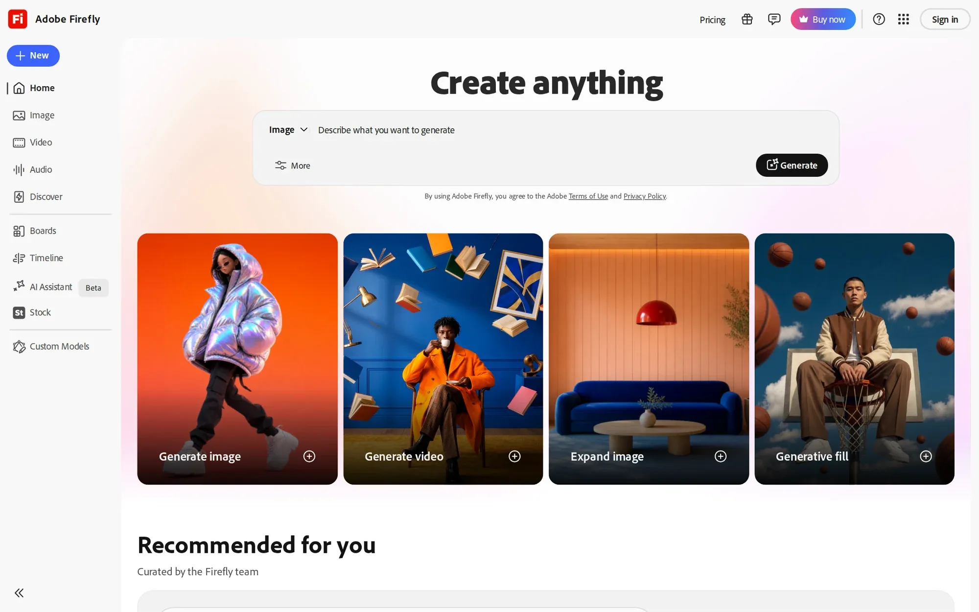 Adobe Firefly in October 2026: the Firefly home screen with a prompt box and generated images
