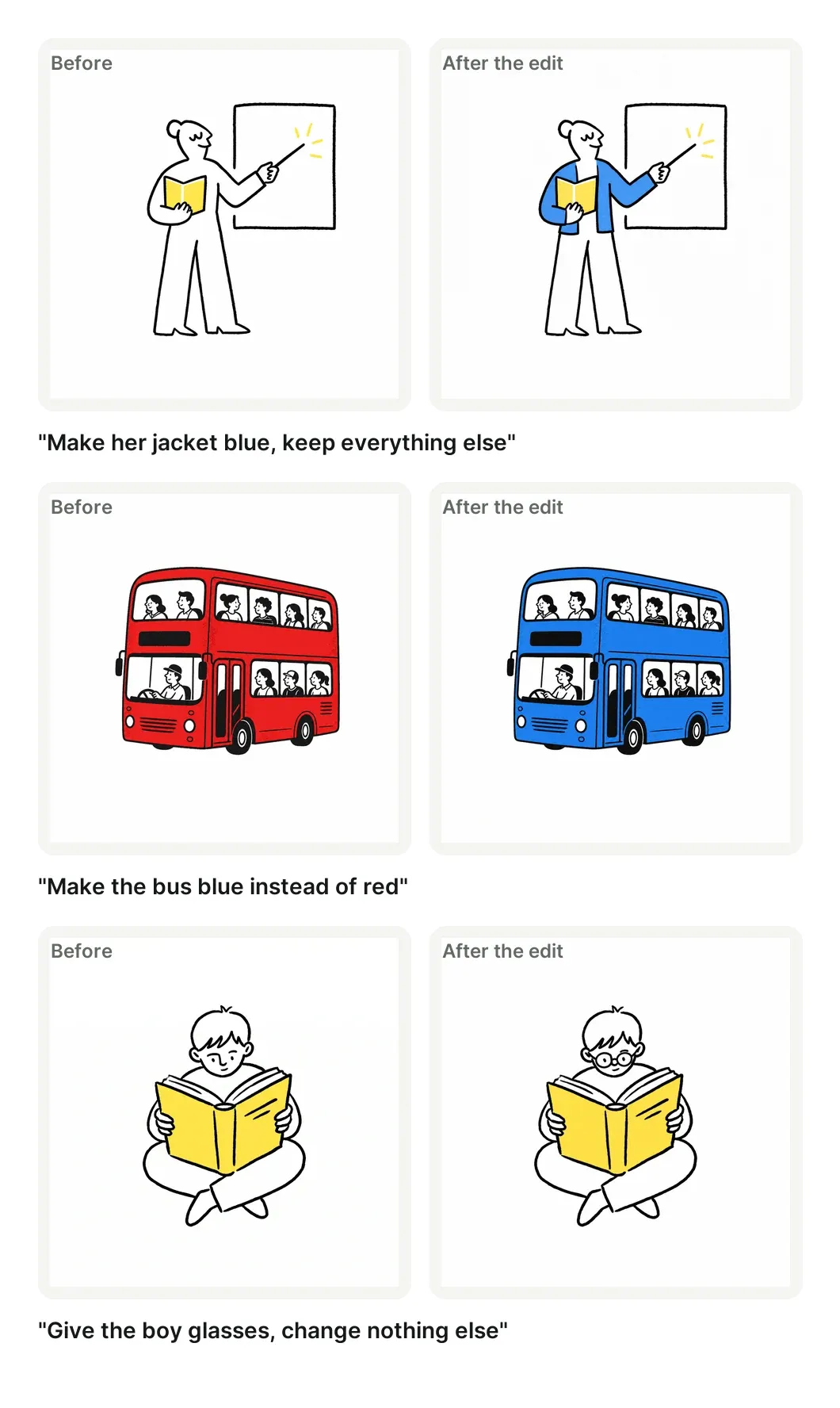 Three edits shown before and after: a teacher whose jacket turned blue, a red double decker bus turned blue, and a boy reading a book who now wears glasses