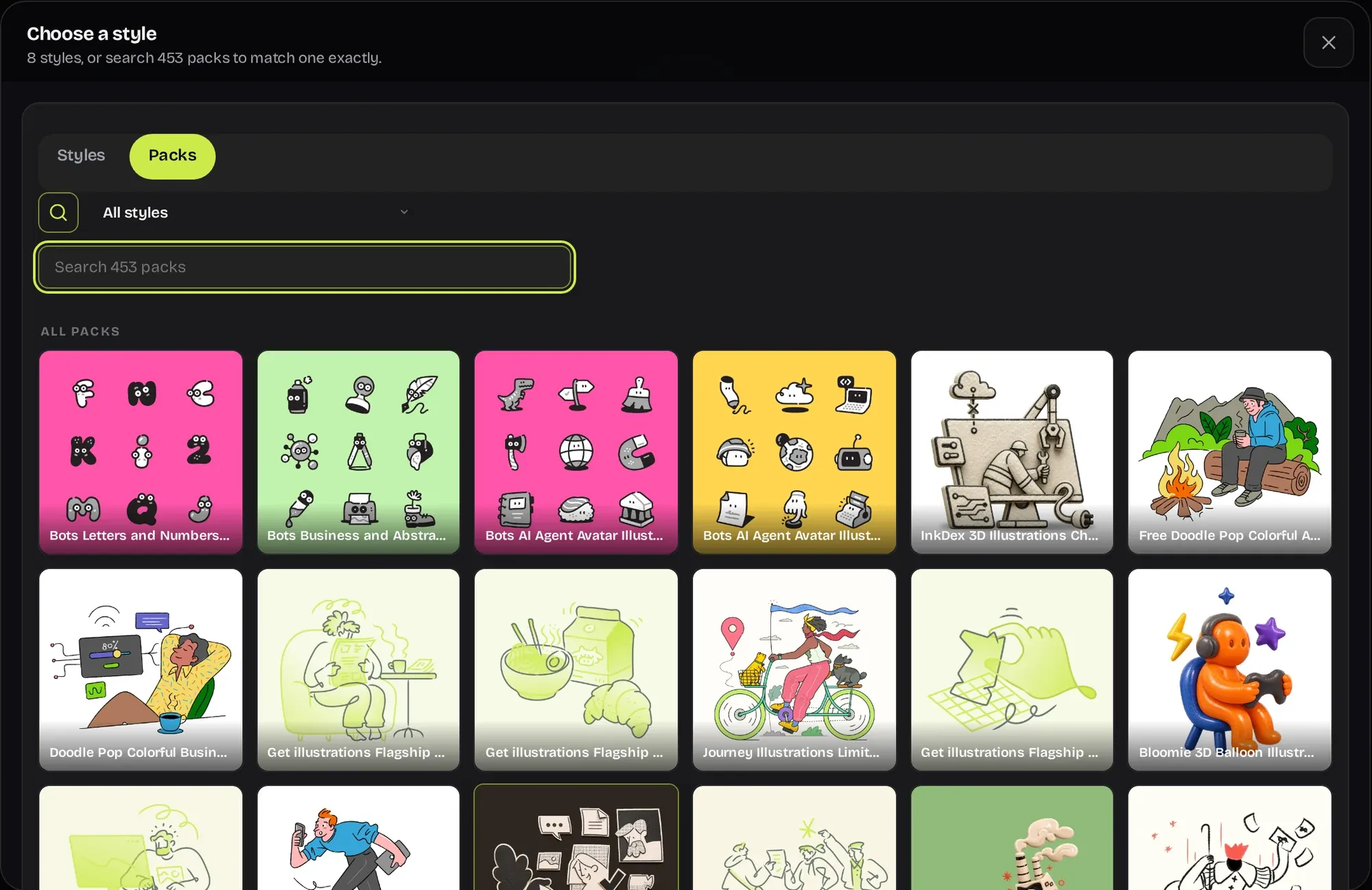 The Choose a style window of the GetIllustrations AI generator, with Styles and Packs tabs, a pack search box and a grid of illustration packs
