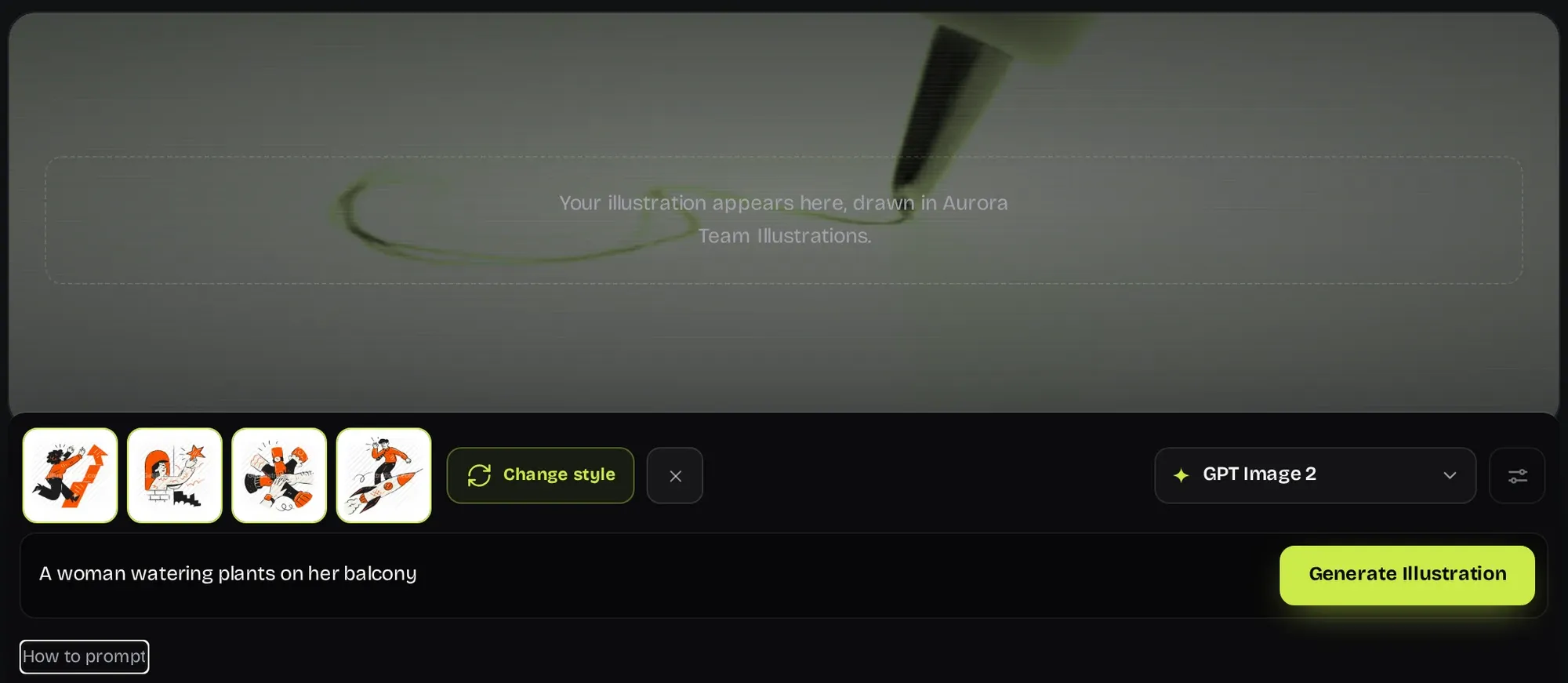 The AI generator console with four Aurora Team drawings as references, the Change style button, GPT Image 2 as the model and the prompt A woman watering plants on her balcony