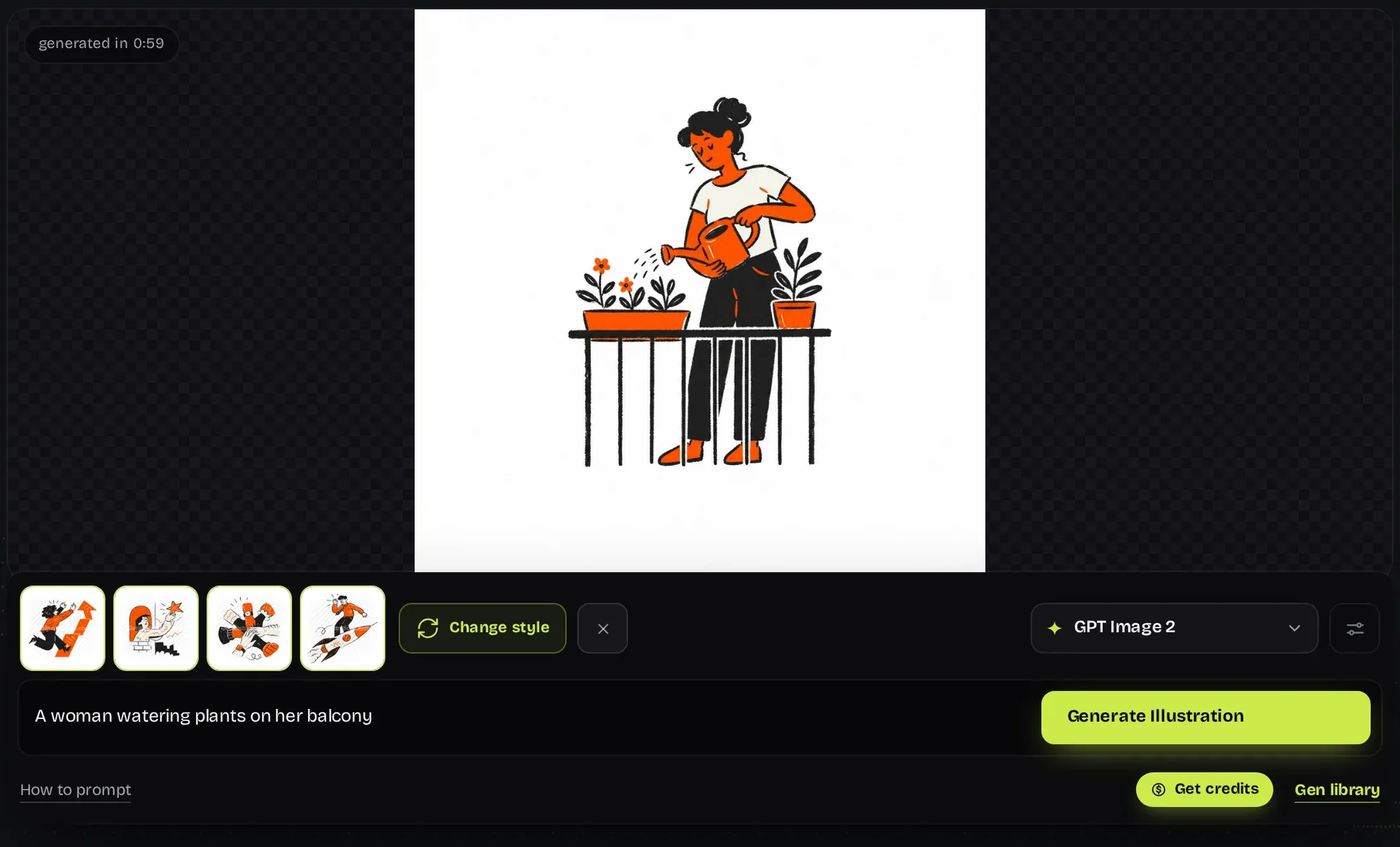 A finished illustration of a woman watering plants on her balcony in the Aurora Team style, shown in the AI generator with the note generated in 0:59
