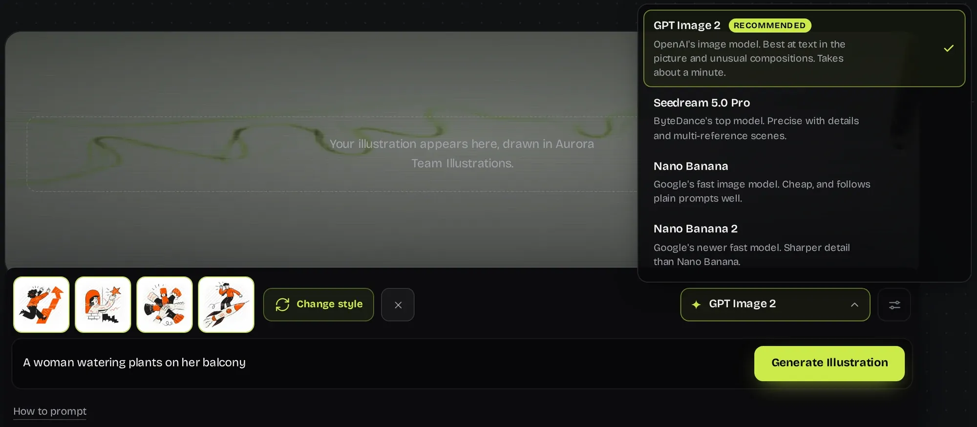 The model picker open in the AI generator, listing GPT Image 2 marked as recommended, Seedream 5.0 Pro, Nano Banana and Nano Banana 2, each with a one line description