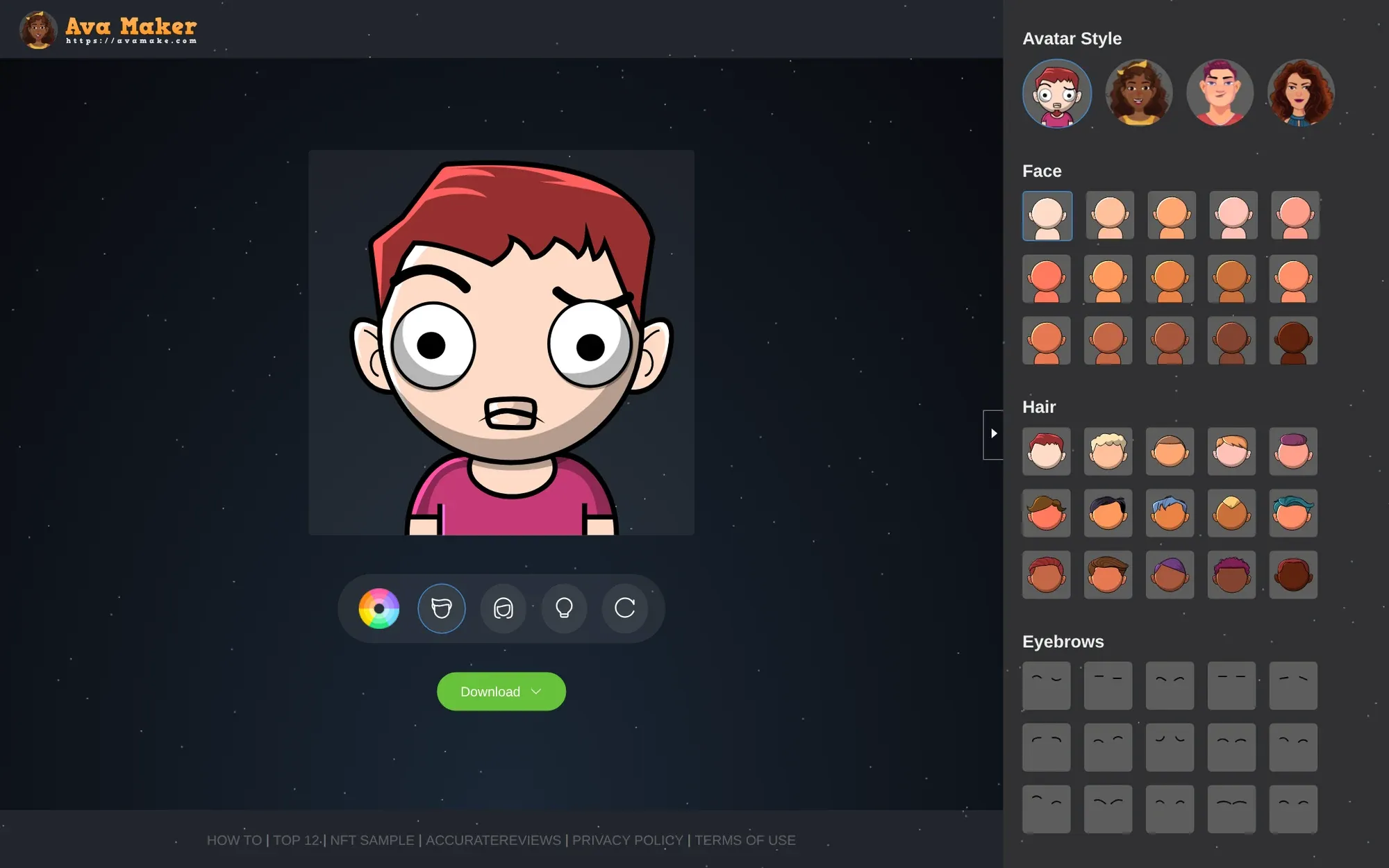 AvaMaker in October 2026: the avatar maker with a red haired cartoon face and option panels