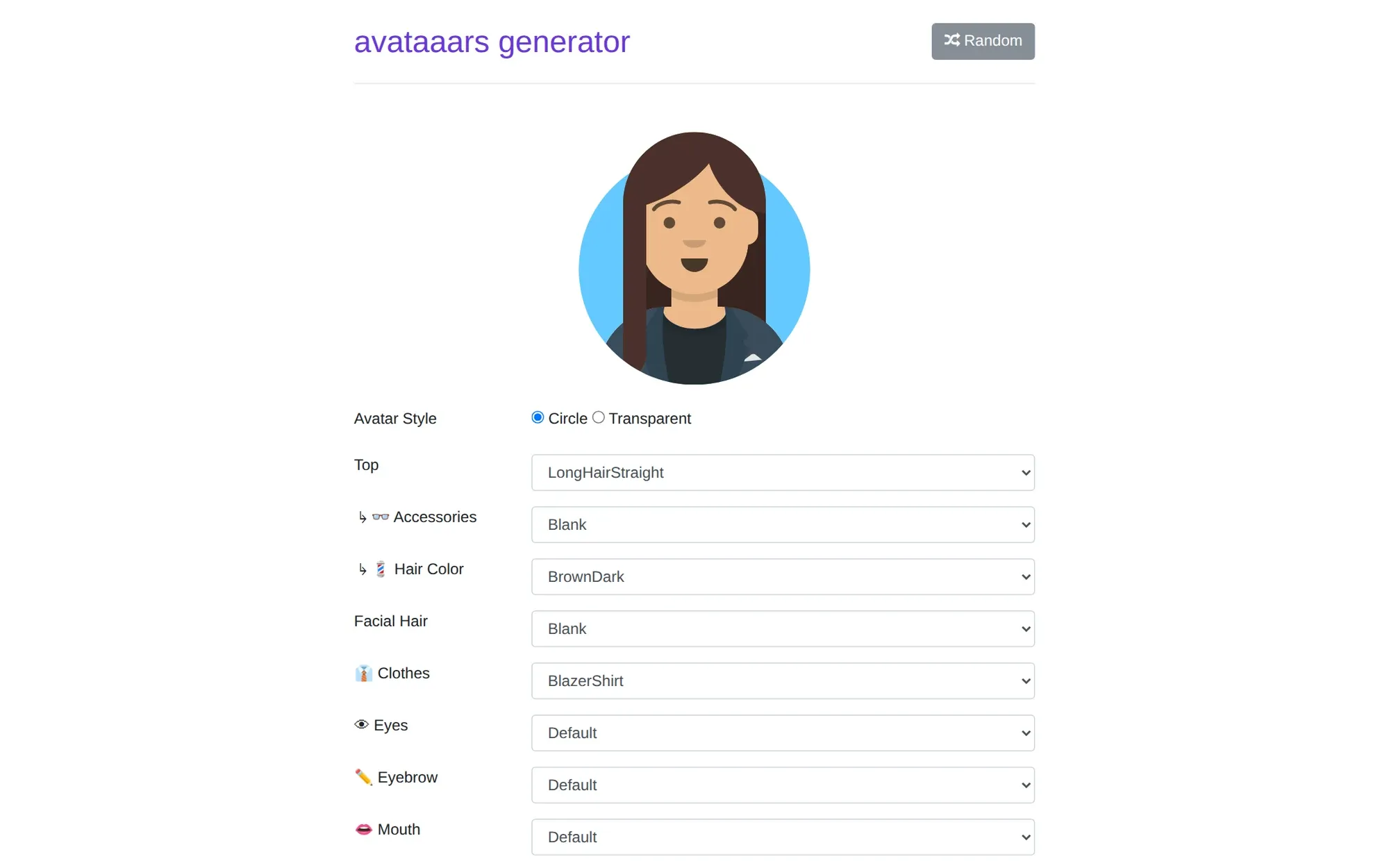 Avataaars in October 2026: the avatar generator with a cartoon woman and dropdowns for hair and clothes