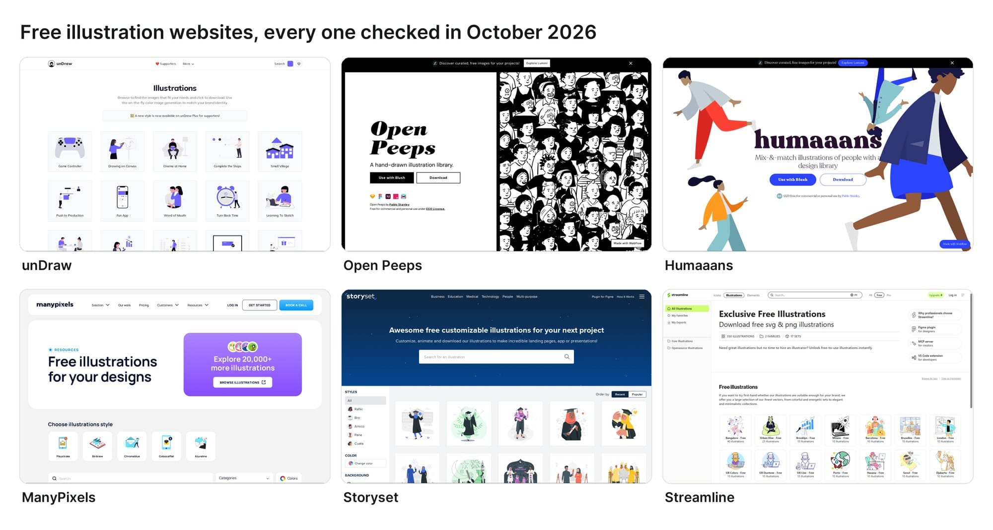 Six free illustration websites from this list in October 2026: unDraw, Open Peeps, Humaaans, ManyPixels, Storyset and Streamline