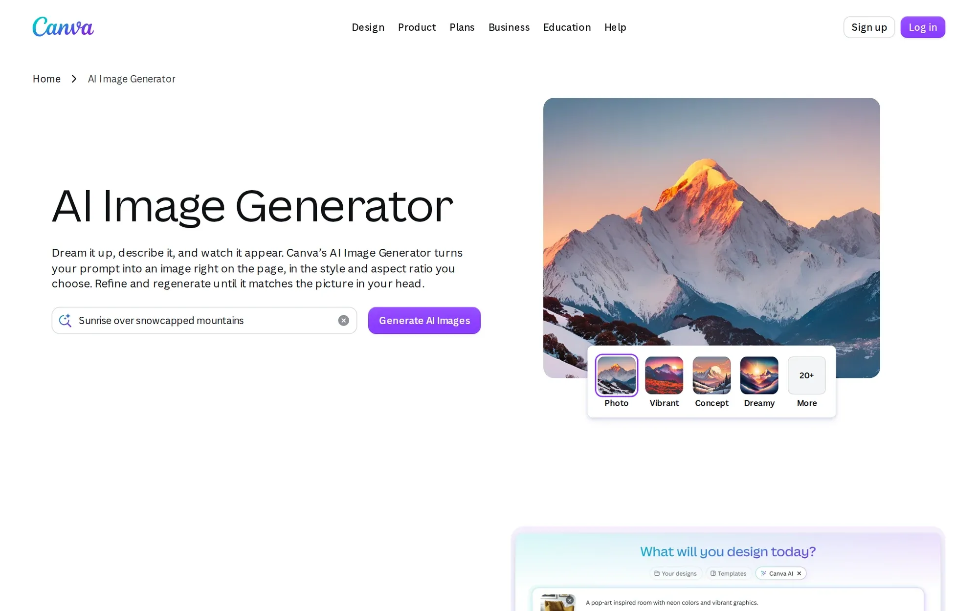 Canva AI image generator in October 2026: the Canva AI image generator with a snowy mountain example