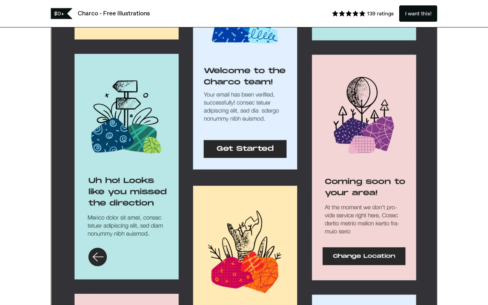 Charco Illustrations in October 2026: the Charco free illustrations listing showing sample app screens