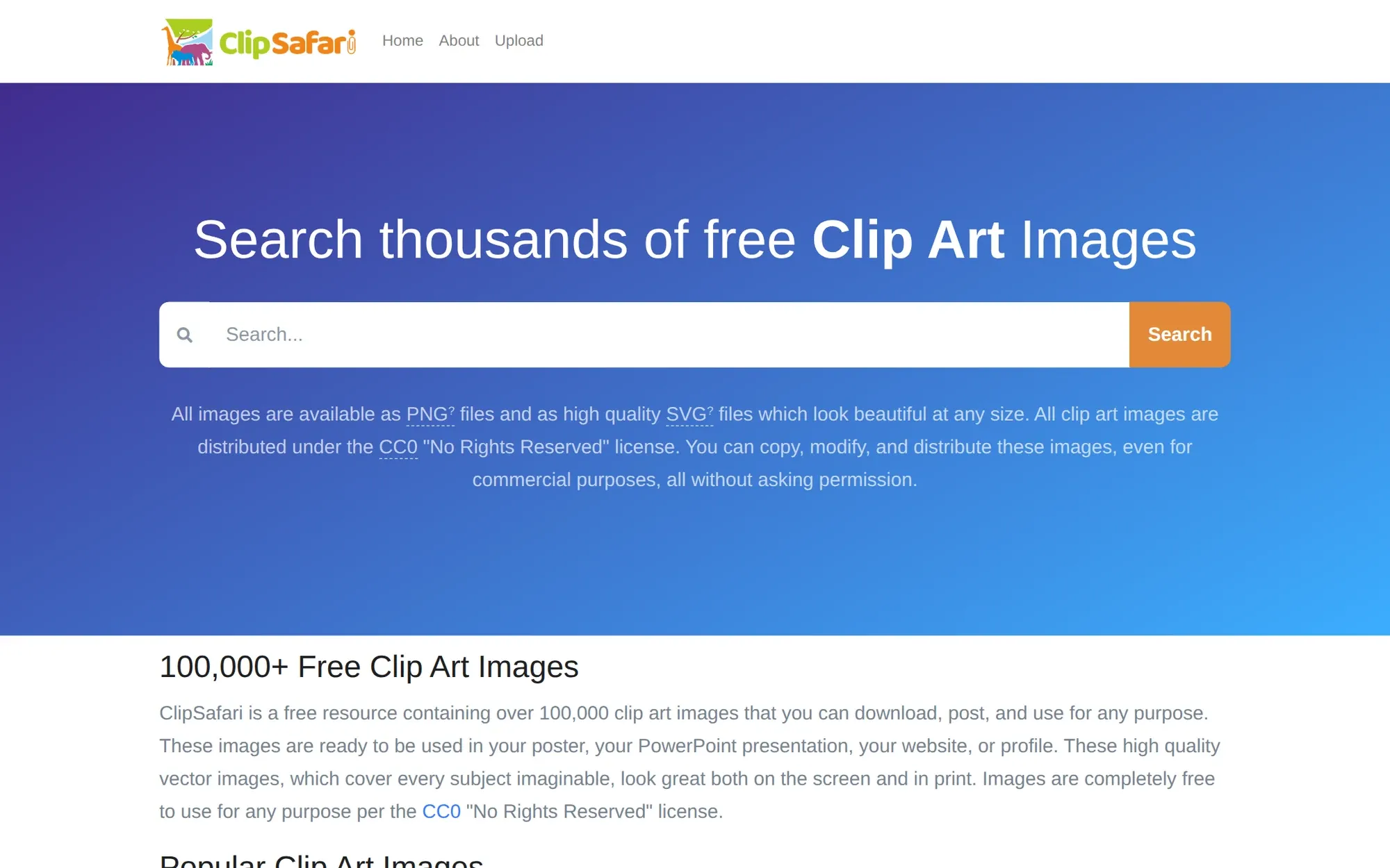 ClipSafari in October 2026: the clip art search box on a blue background