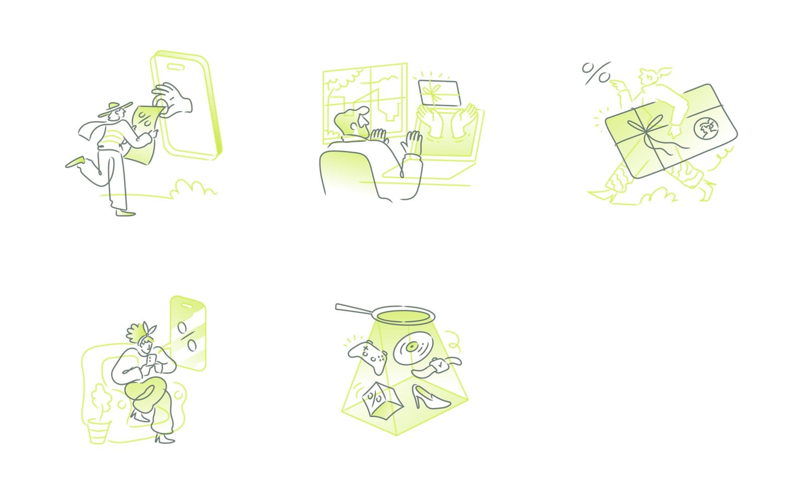 Five lime green and grey line drawings from Flagship Chapter 1 on white: a running man taking a percent coupon from a hand that reaches out of a phone, a man at a desk as two hands offer a gift card through his laptop screen, a person running with a big parcel tied with a bow, someone in an armchair on a phone beside a screen with a percent sign, and a spotlight over a game controller, a record, a cube with a percent sign and shoes