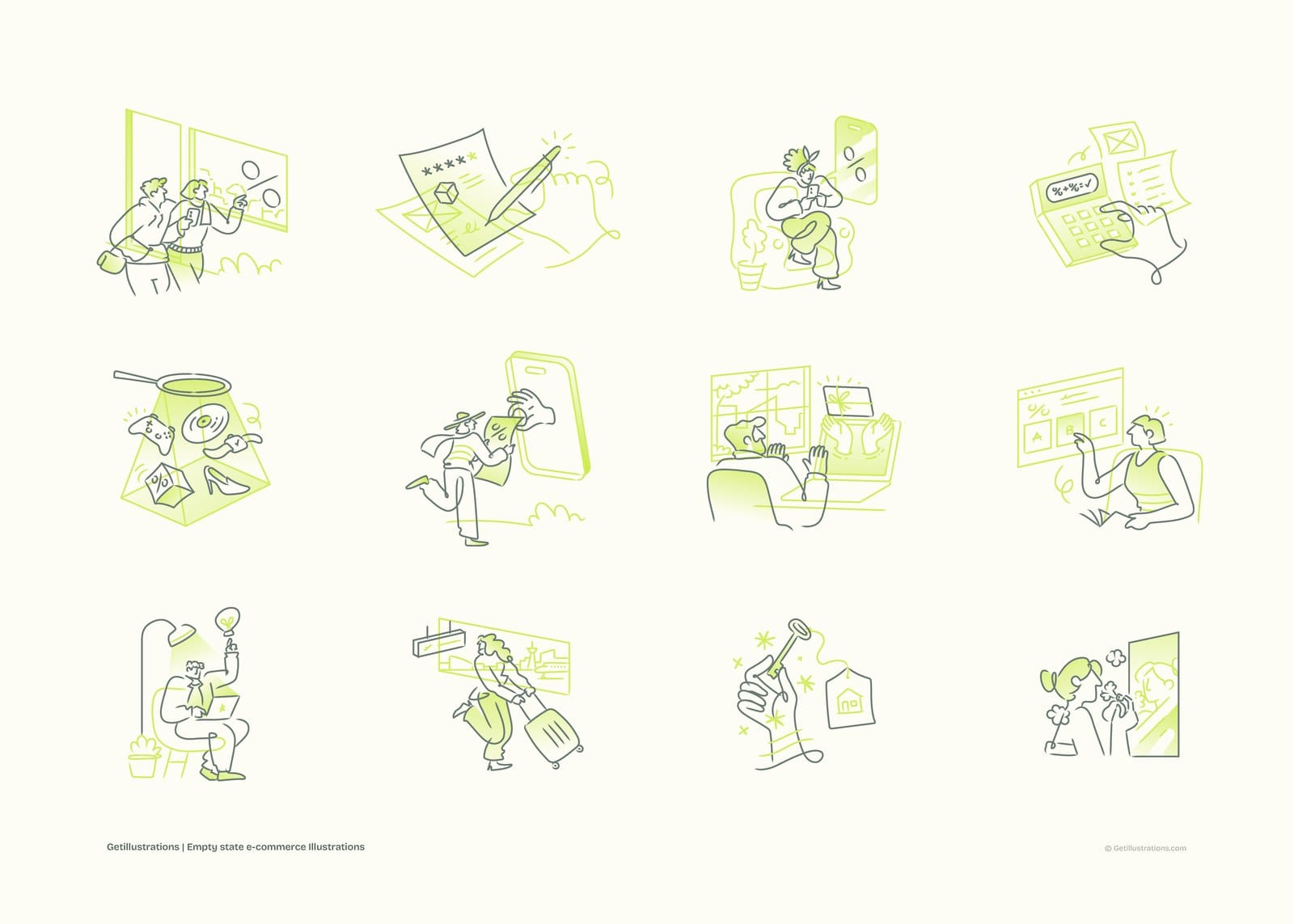 Twelve lime and grey line drawings on a cream sheet from the Flagship Chapter 1 empty state ecommerce set, including a couple at a shop window, a hand signing a form, a calculator showing percentages, a shopper choosing between options A, B and C, and a traveller with a suitcase
