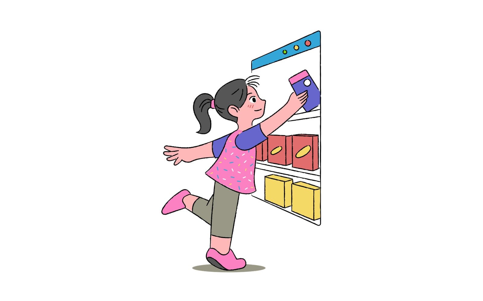 A girl with a dark ponytail, a pink speckled top and pink shoes runs and reaches into a browser window to take a purple box from shelves of red and yellow packages, from the Free Doodle Pop Colorful Activities pack