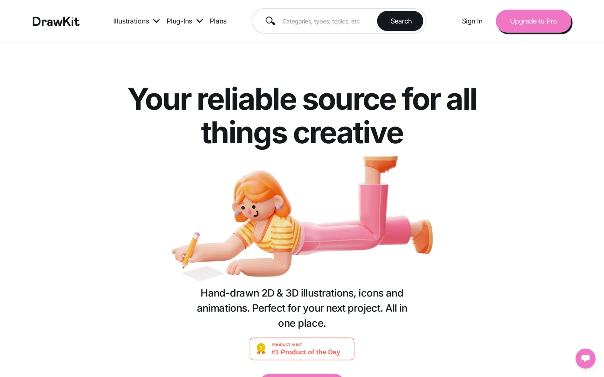 DrawKit in October 2026: a 3D girl lying on her stomach under the headline Your reliable source for all things creative