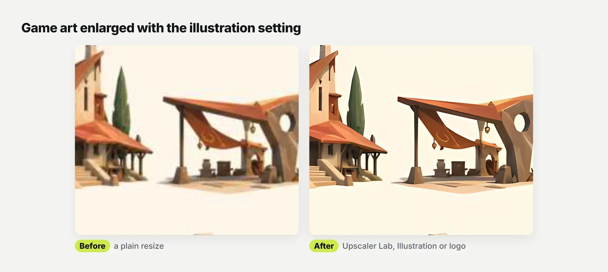 Isometric game buildings enlarged four times with a plain resize and with the Upscaler Lab illustration setting