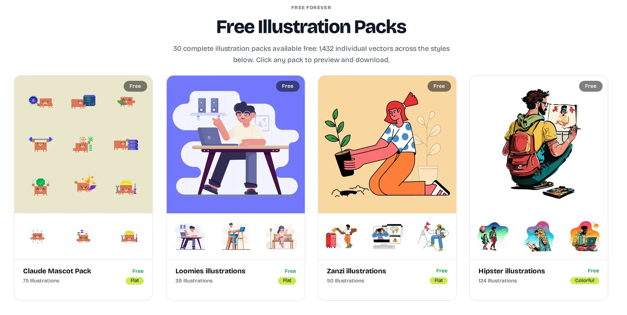 GetIllustrations in October 2026: the GetIllustrations free packs section with Claude Mascot, Loomies, Zanzi and Hipster packs