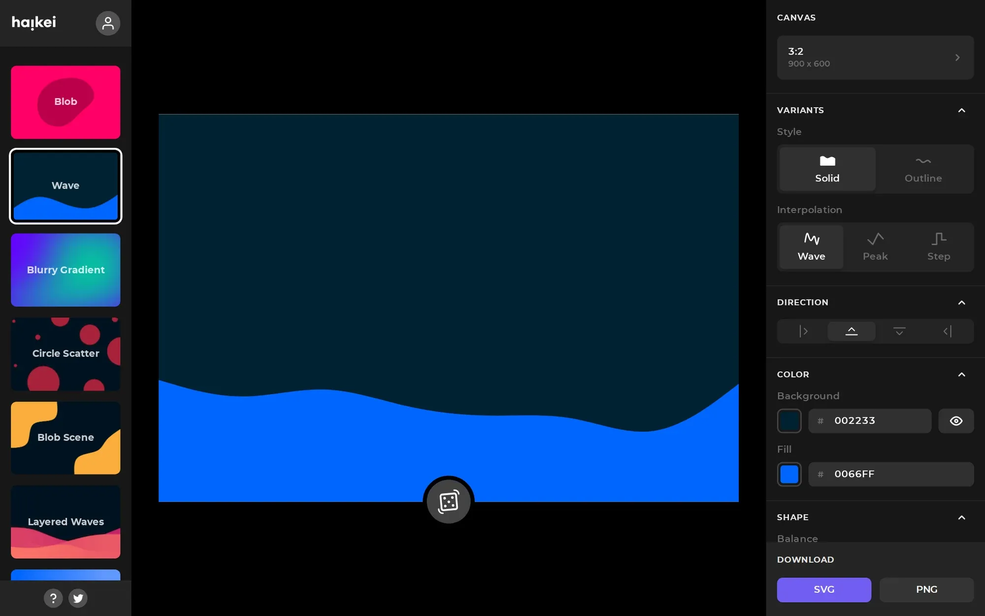 Haikei in October 2026: the wave generator with a blue layered wave and SVG export button