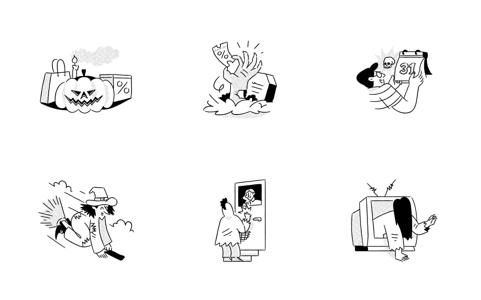 Six Grain Halloween drawings in black ink with grey halftone shading on white: a jack o lantern beside a shopping bag and a percent sign, a zombie hand holding a coupon, a man holding a calendar page that says 31, a witch on a broom, a trick or treater in costume at a door holding a basket, and a long haired figure climbing out of a television