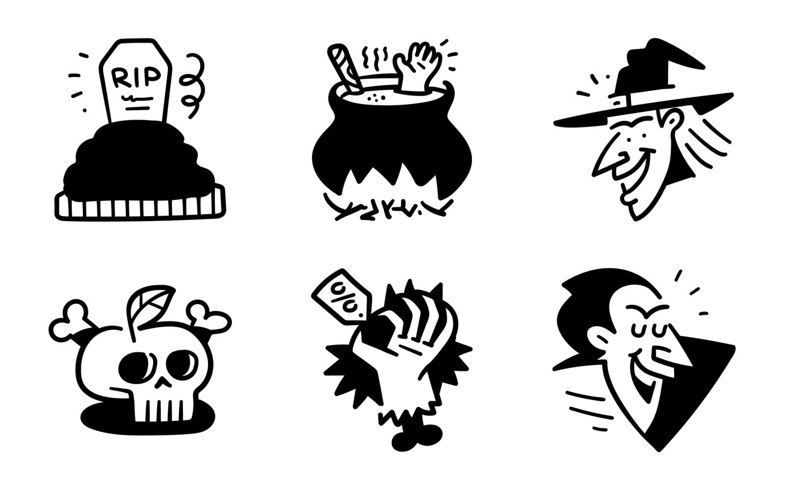 Six Sharpie Halloween icons in thick black marker on white: a tombstone marked RIP on a mound, a cauldron with a hand and a stick poking out, a grinning witch in a pointed hat, a skull with crossbones and a leaf on top, a clawed hand holding a percent off tag, and a laughing vampire in a cape