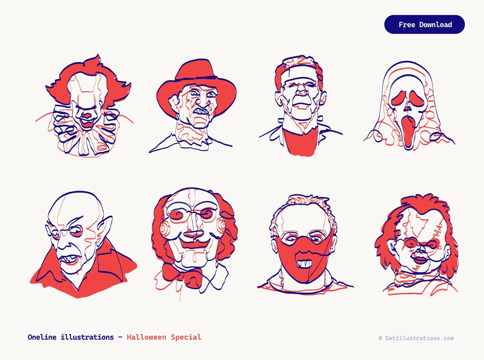 Eight one line horror portraits in navy ink with coral red fills on an off white card with a Free Download pill in the corner: a clown with a ruffled collar, a scarred man in a hat, a flat headed monster, a screaming mask, a bald vampire, a puppet with spiral cheeks, a man in a muzzle mask and a scarred doll