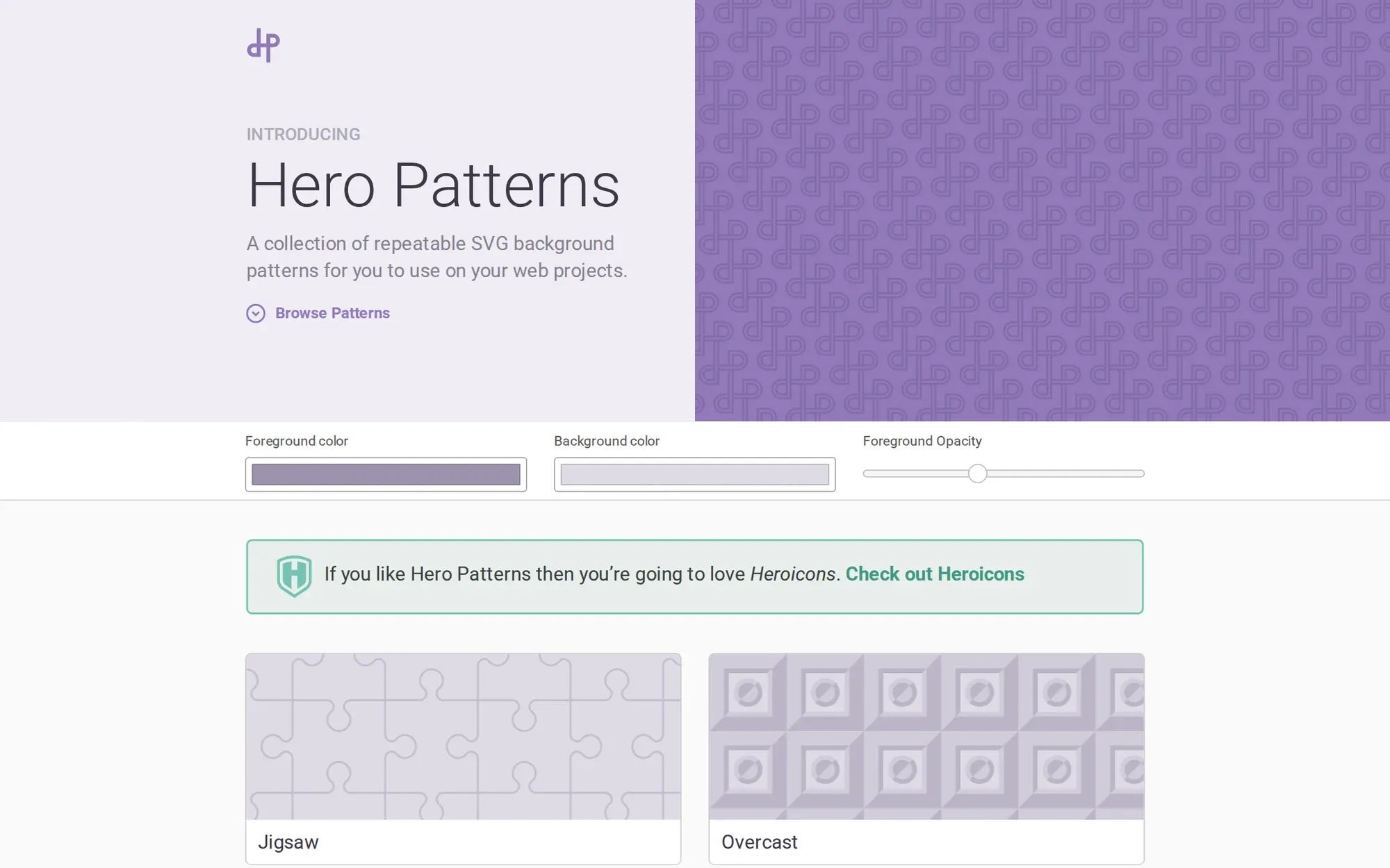 Hero Patterns in October 2026: a purple repeating pattern beside the Hero Patterns title
