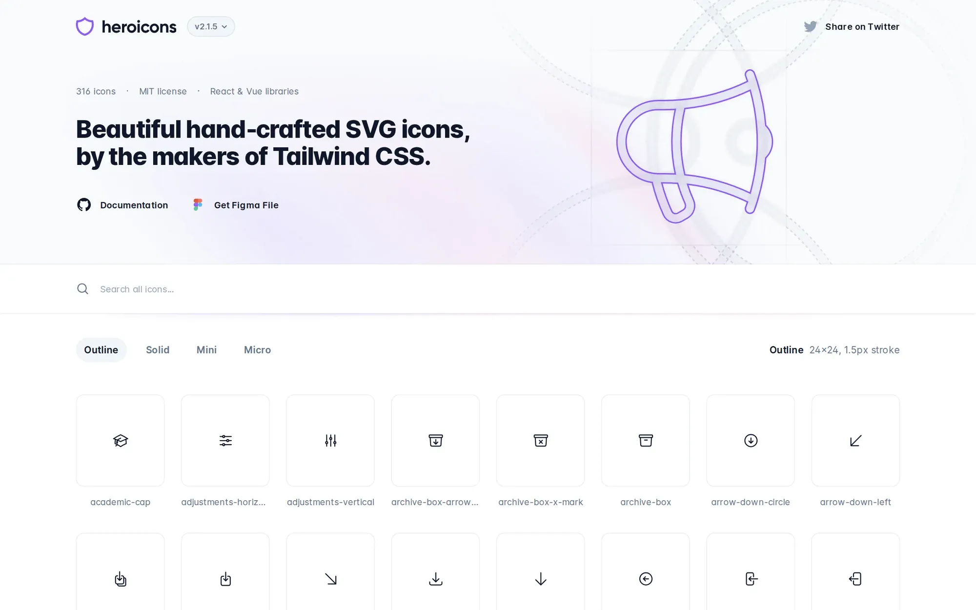 Heroicons in October 2026: the Heroicons homepage with a grid of outline icons