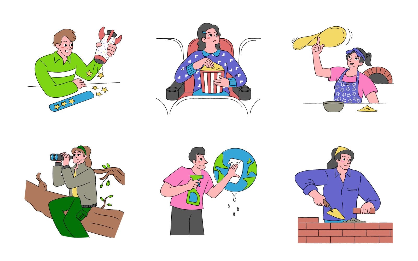 Six flat illustrations from the free Doodle Pop pack on white: a man shaking stars from a bottle, a woman eating popcorn in a cinema seat, a cook tossing pizza dough, a bird watcher with binoculars on a branch, a man cleaning a globe with a spray bottle, and a bricklayer at a wall
