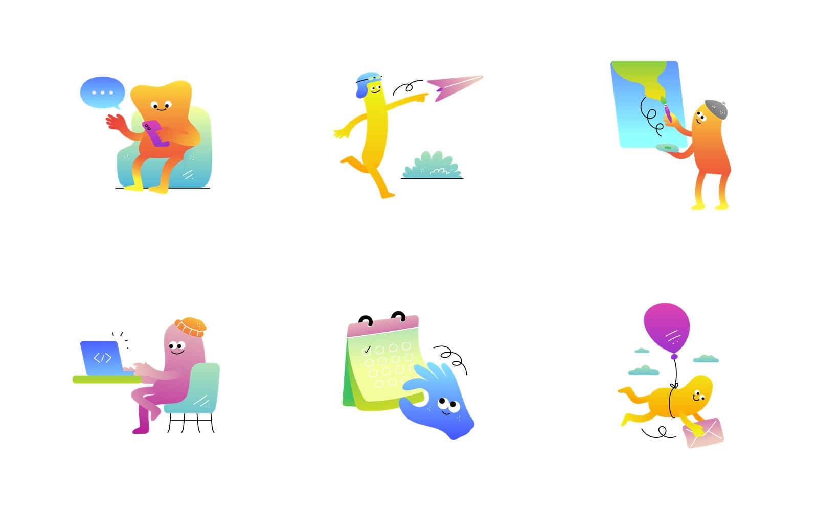 Six gradient illustrations on white: an orange character texting on a sofa, a yellow runner throwing a paper plane, an orange artist painting a canvas, a pink character coding at a laptop, a blue hand holding a calendar, and a yellow character flying on a balloon with a letter