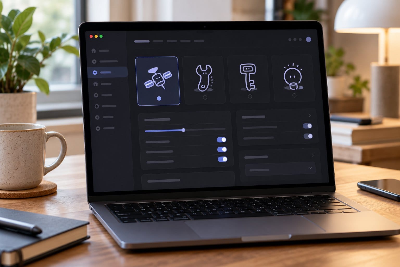 A mockup of a dark mode settings screen on a laptop where four small line illustrations of a satellite, a wrench, a key and a lightbulb sit as menu icons in one pale lavender tint, the satellite card highlighted brighter