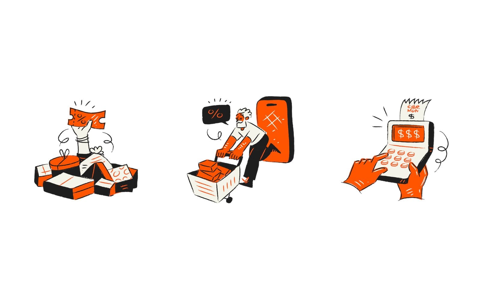 Three Aurora Black Friday illustrations on white in orange and black: a hand holding up a coupon above a pile of gift boxes, a white haired shopper pushing a cart of boxes under a percent speech bubble in front of a giant phone, and two hands tapping a cash register