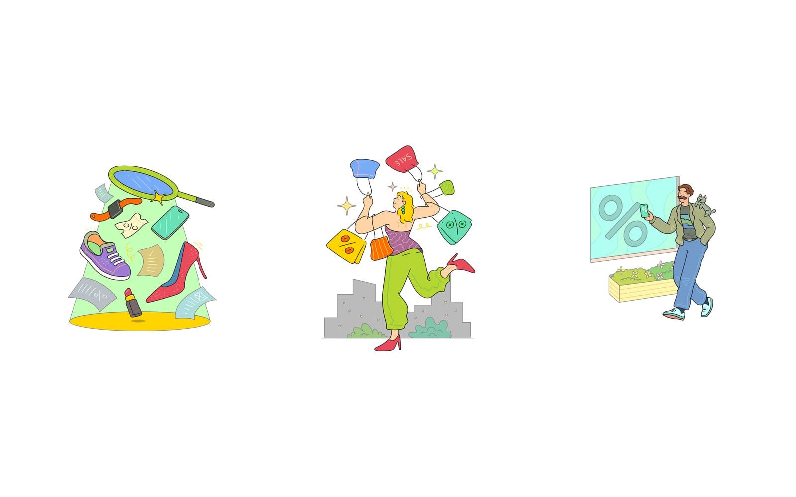Three colourful flat illustrations on white: shoes, a phone, lipstick and coupons under a big magnifying glass, a blonde shopper in lime trousers holding up bags marked sale and percent, and a man with a cat on his shoulder holding a phone in front of a giant percent sign