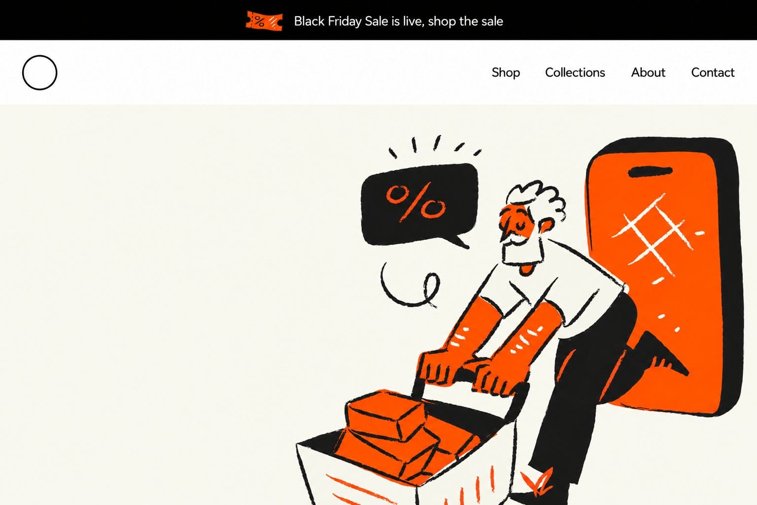 Mockup of a store page built from Aurora Black Friday illustrations: a black announcement bar with a small orange coupon icon and the line Black Friday Sale is live, shop the sale, a navigation row under it, then a cream hero with the shopper and his cart