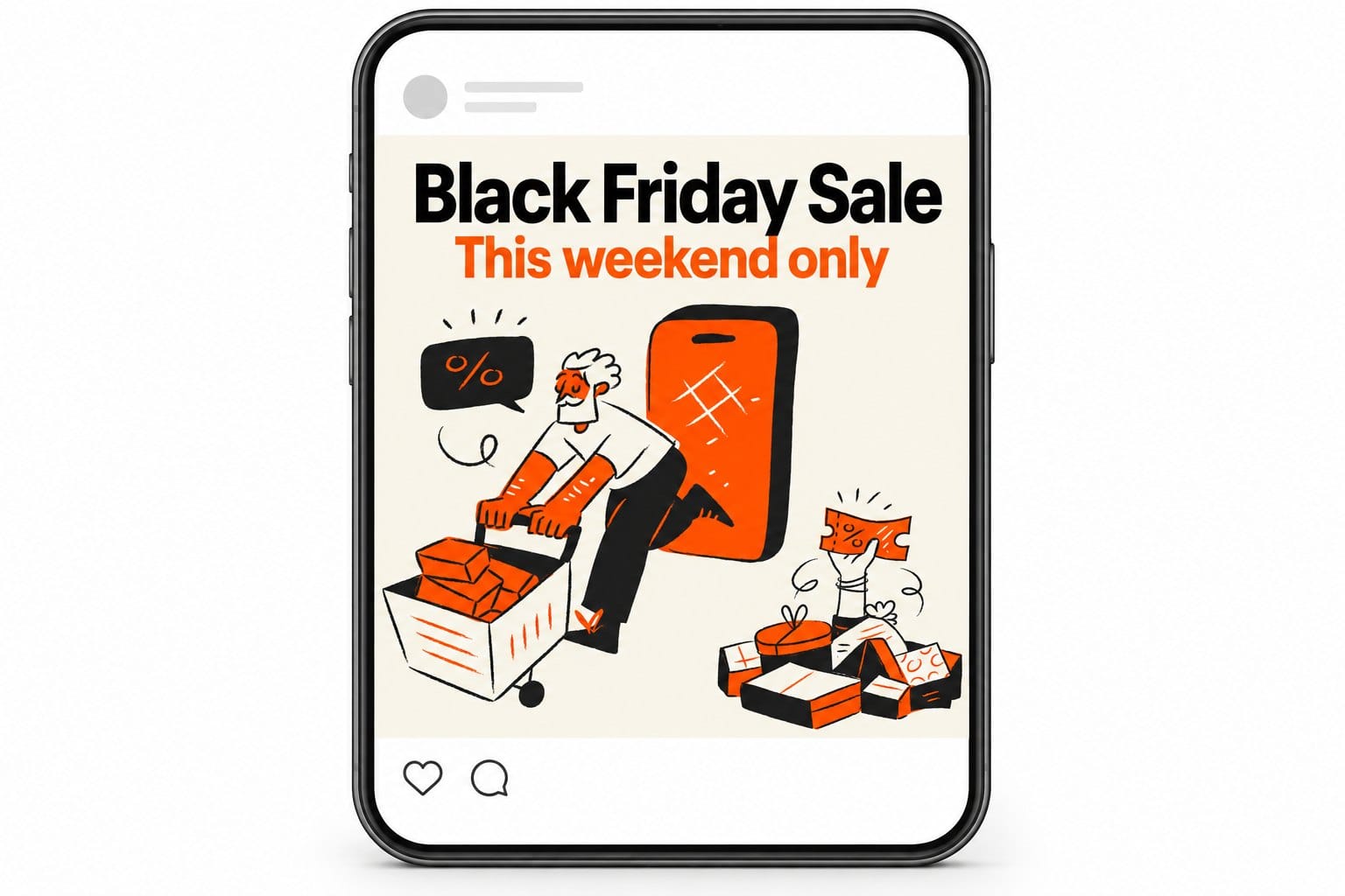 Mockup of a square Black Friday Instagram post inside a phone frame: Black Friday Sale in black and This weekend only in orange across the top, with the shopper, cart, coupon and gift boxes from Aurora Black Friday filling the rest
