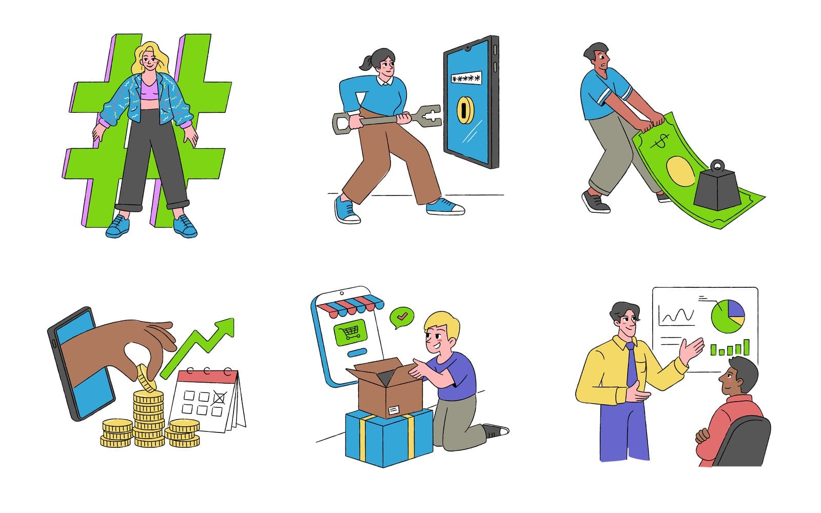 Six Doodle Pop business illustrations on white sharing lime green, sky blue, soft purple and yellow: a hashtag, a password wrench, a heavy banknote, savings coins, a parcel unboxing and a chart presentation