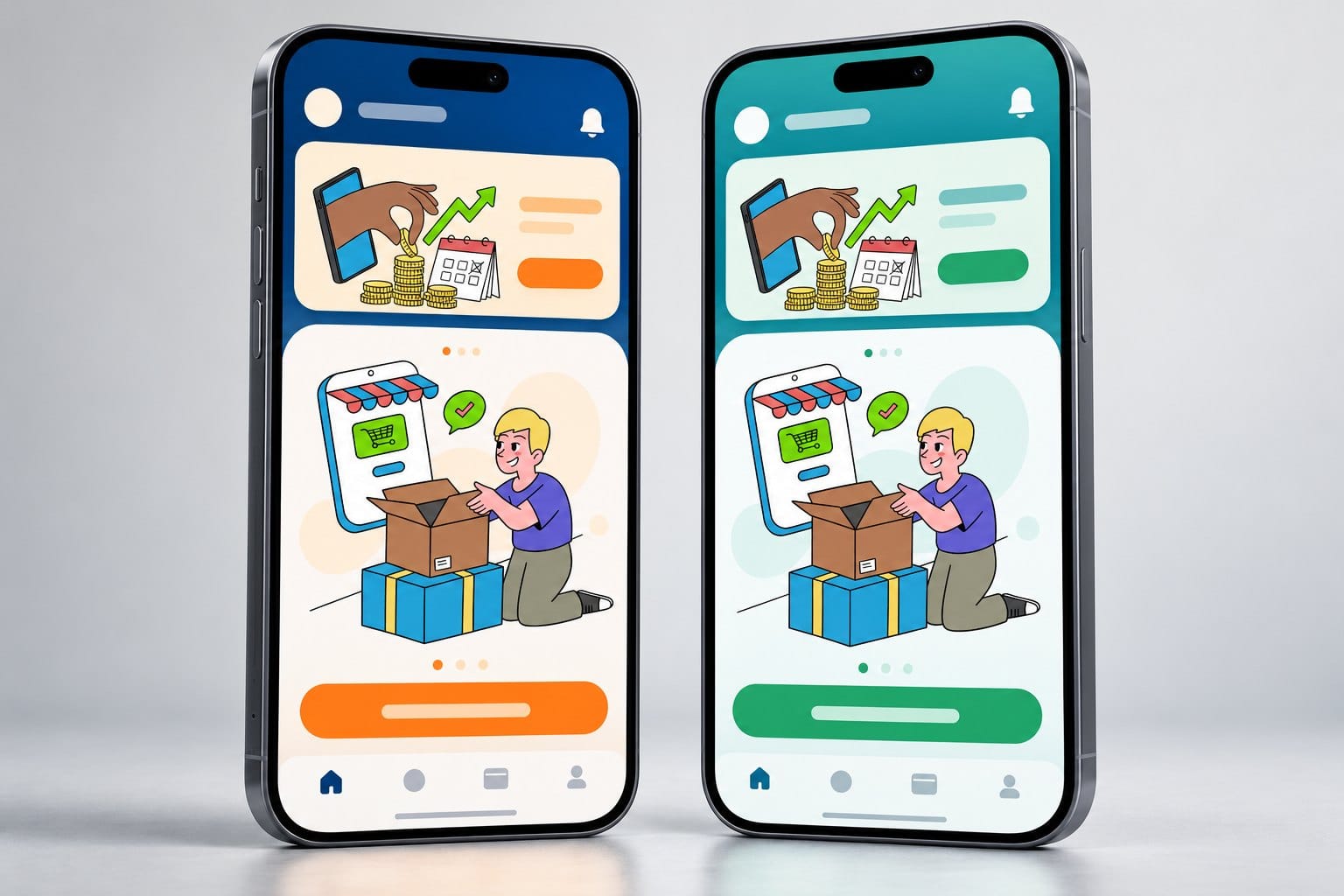 A mockup of two identical banking app screens built from the same Doodle Pop illustrations, the left in deep blue with orange buttons, the right in teal and green with a green button