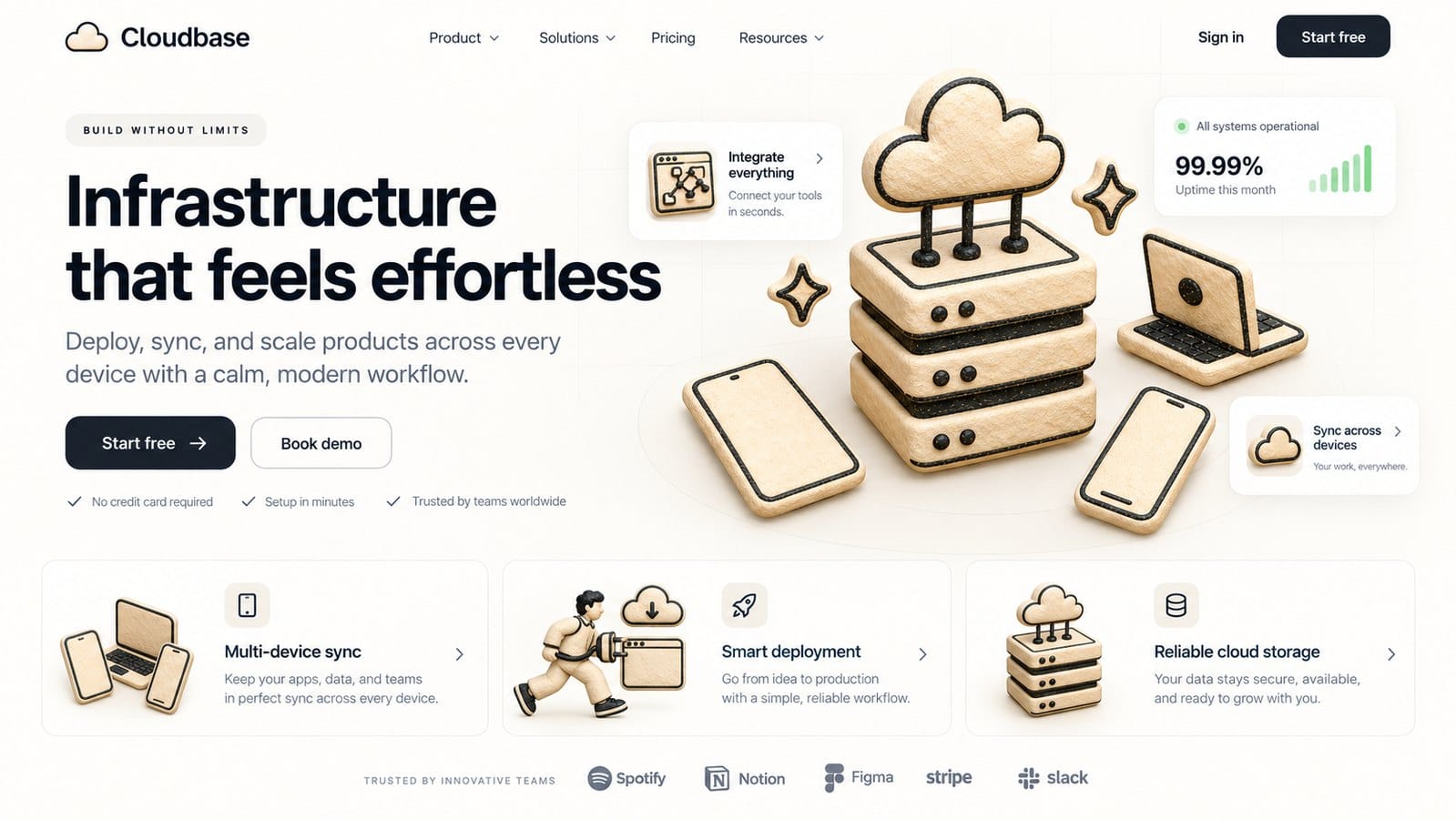 A website design concept for a cloud product using InkDex 3D illustrations in sand beige with black outlines, a black button and a green uptime chart as the only accent