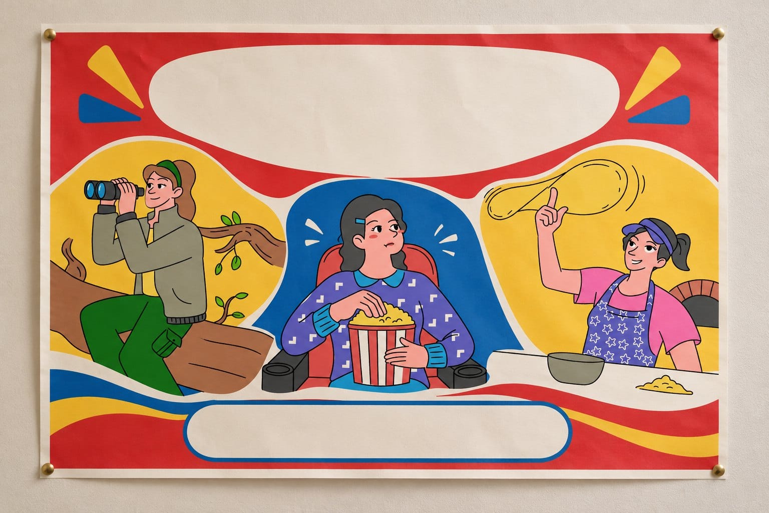 A mockup of a printed poster pinned to a wall with three Doodle Pop drawings, a bird watcher, a popcorn movie night and a pizza chef, in a triadic palette of red, yellow and blue