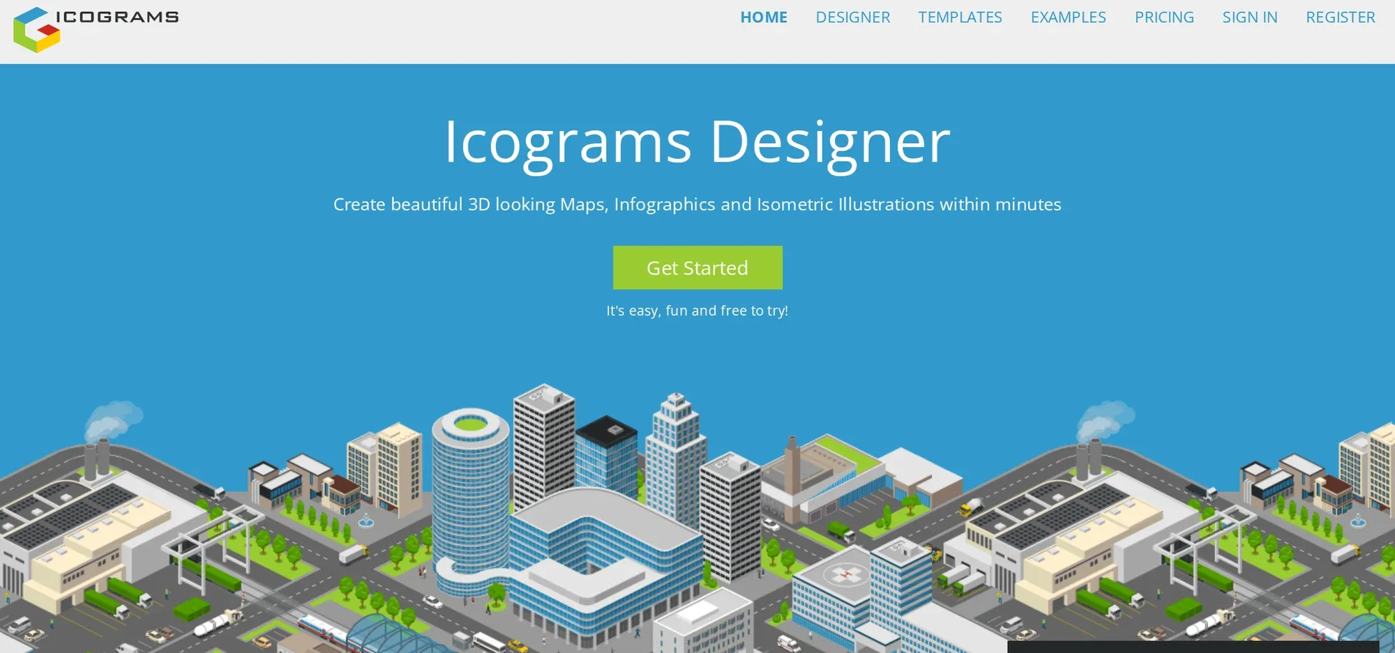 Icograms in October 2026: an isometric city map under the Icograms Designer heading