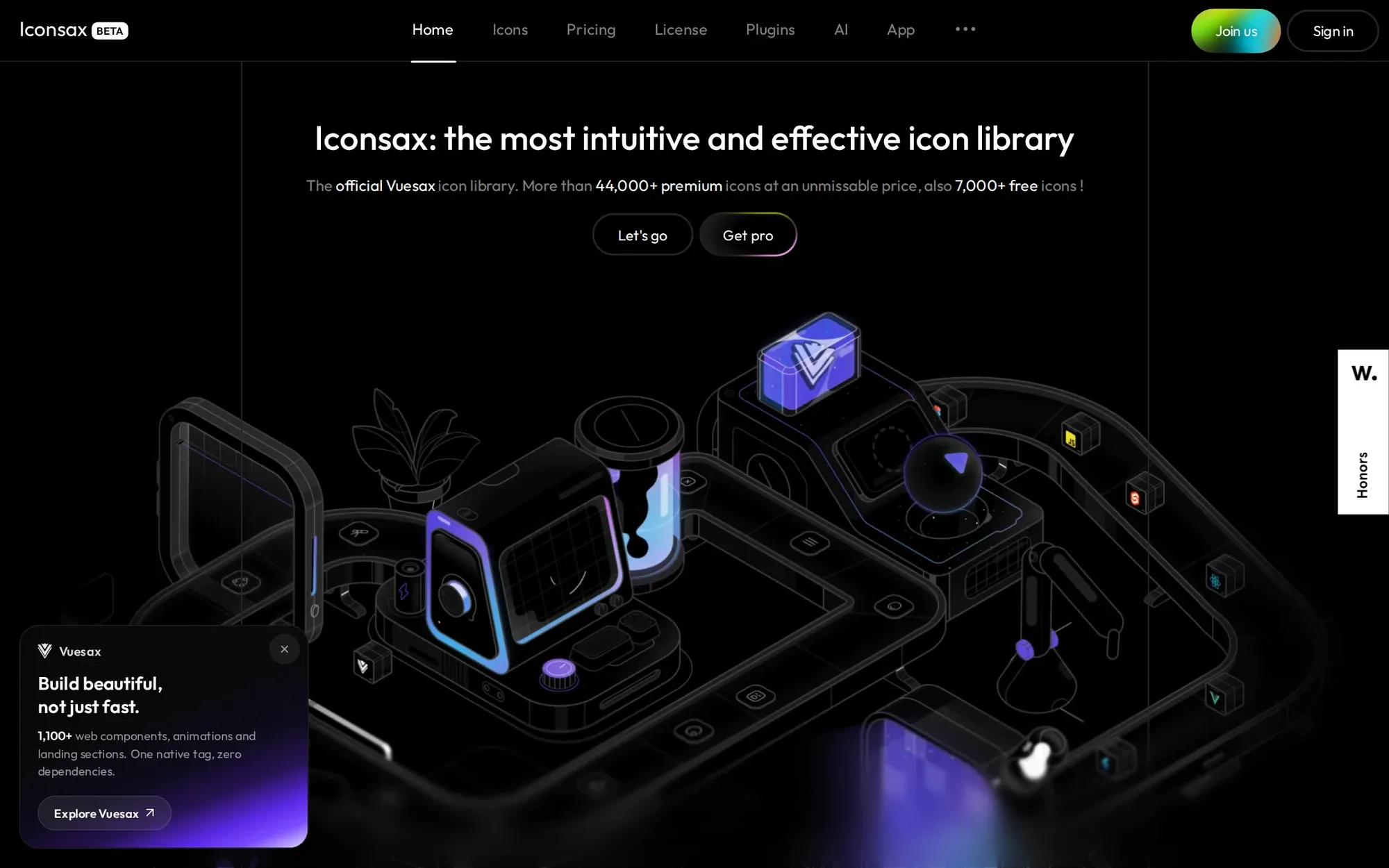 Iconsax in October 2026: the Iconsax homepage with a dark 3D scene