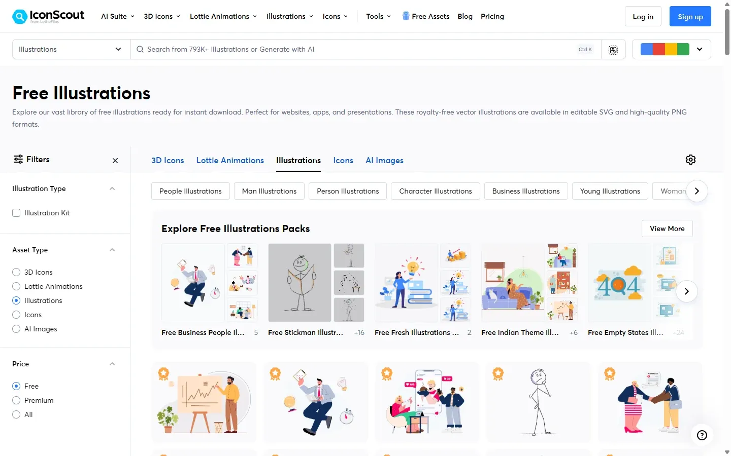 IconScout free illustrations in October 2026: the free illustrations page with free packs and a filter set to Free