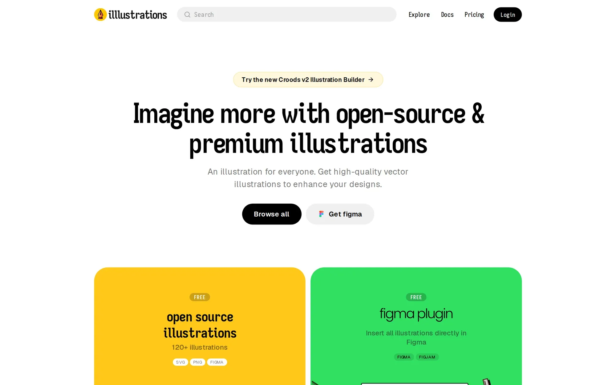 illlustrations.co in October 2026: the open source and premium illustrations homepage with yellow and green cards