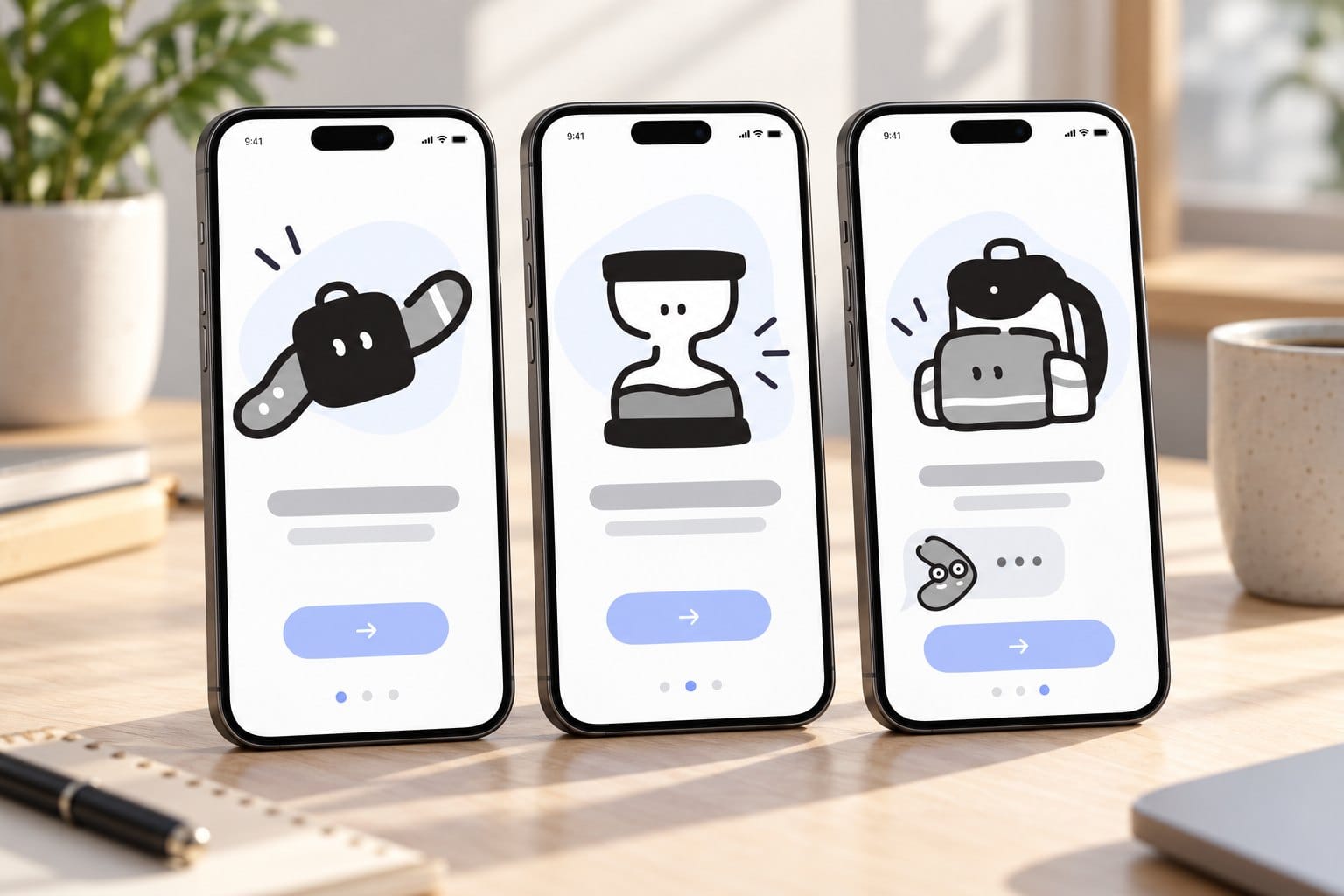 Mockup of three phone screens standing on a wooden desk, an onboarding flow where a smartwatch, an hourglass and a backpack with faces in thick black outline sit above placeholder text bars and a pale blue button, with a small arrow character in a chat bubble on the third screen